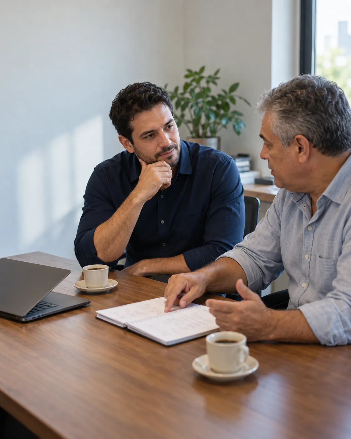 Dois homens conversam à mesa com café, caderno aberto e notebook ao lado