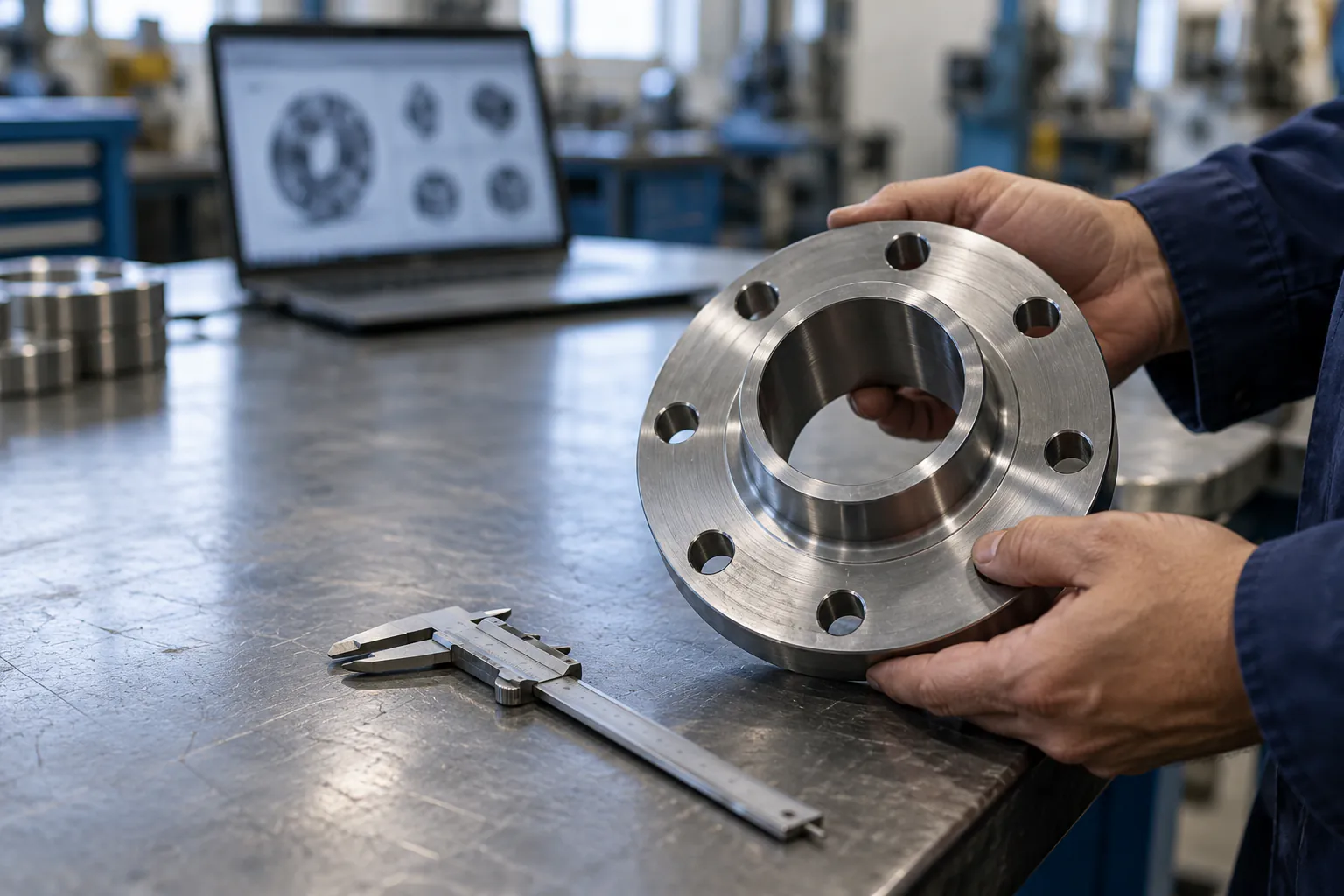 Mãos seguram um flange de metal usinado, com paquímetro e notebook na bancada