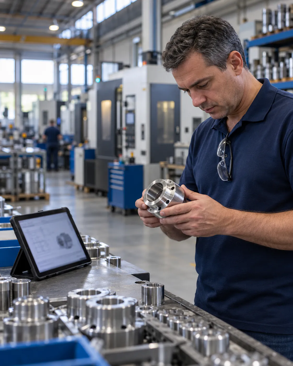 Profissional de camisa polo azul inspeciona peça usinada ao lado de um tablet na fábrica
