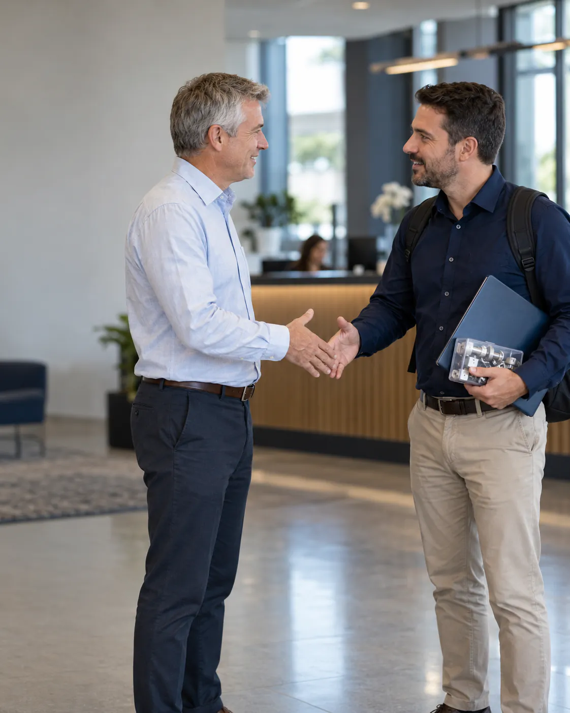 Representante comercial com mochila, pasta e amostras de peças cumprimenta um cliente na recepção